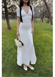 Afiş Butik White Deep V-Neck Off the Shoulder Bow Detail Lined Long Dress