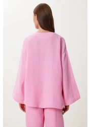 Happiness İstanbul Women's Pink Lacing Detailed Muslin Bottom-Top Set Bv00171