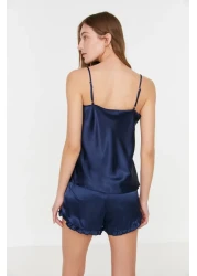  Collection Navy Blue Ruffled Rope Strap Satin Shorts Woven Pajamas Set Thmss22Pt0274