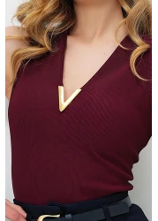 Trend Alaçatı Stili Women's Burgundy Deep V Neck Metal Accessory Sleeveless Ottoban Blouse Alc-X13784