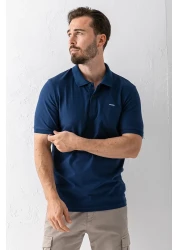 JB John Borners تي شيرت قطن مطبوع برقبة بولو للرجال باللون الأزرق الداكن - 25Y 2061