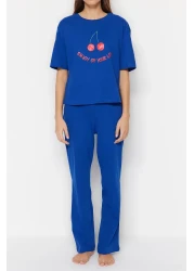  Collection Cherry Printed 100% Cotton Navy Blue Pajama Set - T-Shirt and Pants Thmss23Pt00134