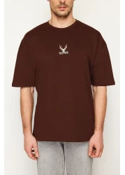  Collection Oversize Dark Brown Deer Embroidered Cotton T-Shirt - TMNSS24TS00055