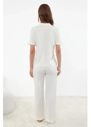  Collection White 100% Cotton Frill Detailed Knitted Pajamas Set Thmss24Pt00223