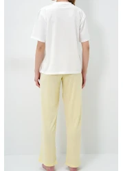 VAGGON Women's Butter Yellow Crew-Neck Printed T-shirt And Pajama Set With Solid Color Pants Pjmx13883