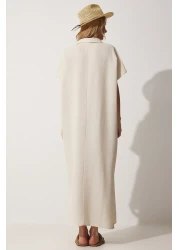 Happiness İstanbul Women's Cream Necklace Long Summer Linen Dress ZH00015