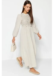  Modest فستان منسوج بتفاصيل حجرية من الجبر/الصدفية TCTAW24EB00110