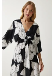 Happiness İstanbul Women's Black and White Wraped Collar Patterned Summer Viscose Dress DK00166