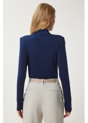 Happiness İstanbul Women's Navy Blue Wraped Collar Padded Sandy Blouse with Snap Fasteners Zh00039