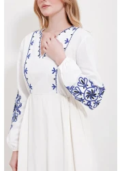 Trend Alaçatı Stili Women's White V-Neck Lined Linen Embroidered Midi Dress ALC-X11569