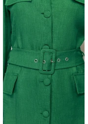  Modest فستان قميص منسوج من الكتان بحزام كاكي TCTSS24EB00017