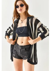 Olalook Women's Black Stone Striped Oversize Cotton Knitwear Shirt GML-19001128