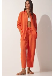 Happiness İstanbul Women's Orange Linen Shirt Baggy Trousers Set DZ00080