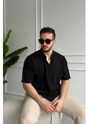 Livio Ferri Soro Men's Oversize Linen Look Short Sleeve Court Collar Half Placket Shirt