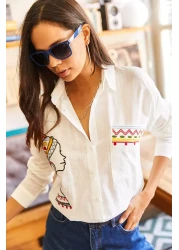 Olalook Women's Ecru Pocket Embroidery Detailed Casual Woven Linen Shirt GML-19001009