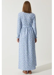 Happiness İstanbul فستان نسائي صيفي طويل محبوك بالزهور باللون الأزرق السماوي DD01322