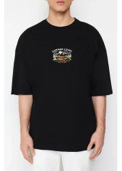  Collection تي شيرت قطني أسود مطرز كبير الحجم - كم قصير، TMNSS23TS00243