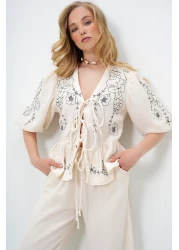 Trend Alaçatı Stili Women's Ecru V-Neck Skirt with Lacing and Embroidery Detail Flounced Muslin Linen Blouse Alc-X13993