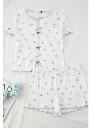  Collection طقم بيجامة محبوكة مع شريط/فيونكة من القطن الأبيض بنسبة 100% مع شورت مضلع THMSS25PT00434