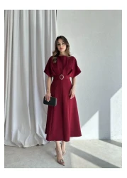 LİBAS Belt Detail Midi Dress Burgundy Color Dress