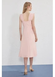  Collection Powder Pearl Detailed Waist Opening Woven Midi Evening Dress Night Graduation Dress Tprss25El00287