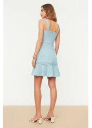 Collection Blue Ribbed Detailed Skirt Flounced Straps A-line Woven Mini Dress TWOSS20EL2504