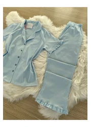 Pijamacs Baby Blue Cotton Sleeve and Leg Ruffle Detailed Short Sleeve Front Buttoned Pajama Set