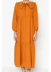  Modest Cinnamon Embroidery Detailed Linen Look Woven Dress Tctss23Eb00257