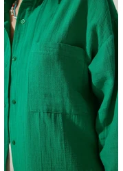 Happiness İstanbul قميص موسلين كبير الحجم بجيب أخضر للنساء MX00150