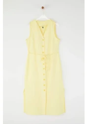  Collection Light Yellow Belted Linen Blend Midi Woven Shirt Dress Twoss25El00651