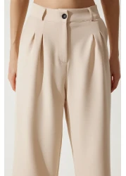 Happiness İstanbul Women's Cream Wide Leg Masculine Woven Trousers HG00001
