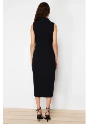  Collection Double Breasted Collar Black Midi Dress with Pencil Skirt - Button Detail, Sleeveless - TWOSS24EL00616
