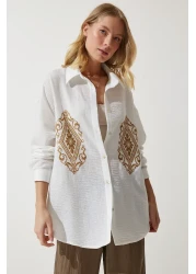 Happiness İstanbul قميص نسائي من القطن الكتاني المطرز باللون الأبيض DM00134