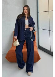 ASEDE Pocket Detailed Belted Navy Blue Denim Premium Jacket Jean Set