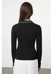 Collection Stretchy Corded Black Knitted Blouse - Knitwear Collar Detail, Fitted TWOAW25BZ00121
