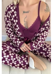 Pijamaevi Purple Daisy Exclusive Women's Pajama Set with Knitted Dressing Gown
