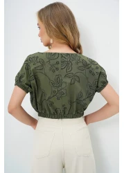 Trend Alaçatı Stili Women's Khaki Wide Collar Guipure Premium Crop Woven Blouse Alc-X13769