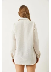 Bianco Lucci Women's Bead Stone Embroidery Embroidered Linen Aerobin Oversize Shirt 60283026