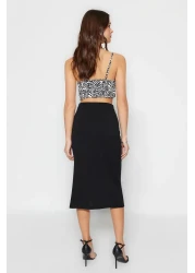  Collection Black High Waist Drape and Slit Detail Crepe Fabric Midi Knitted Skirt Twoss23Et00316