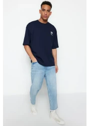  Collection Far East Patterned Navy Blue Oversize Cotton T-Shirt - TMNSS23TS00170