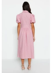  Collection Pink Striped Double Breasted Collar Midi Woven Dress TWOSS23EL02233