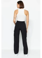  Collection بنطلون أسود منسوج بقصة مستقيمة وجيب مزدوج منسوج TWOAW22PL0343