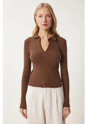 Happiness İstanbul Women's Brown Polo Neck Corded Knitted Blouse GT00111