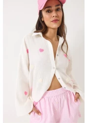 Bianco Lucci Women's Süzene Heart Embroidered Oversize Muslin Shirt 2036 60283052