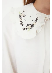  Modest Ecru Embroidery Detail Linen Look Woven Dress Tctss23Eb00257