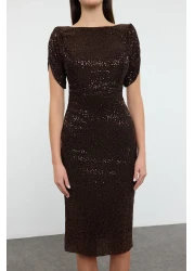  Collection Brown Glitter Knitted Sequin Stylish Evening Dress Night Graduation Dress