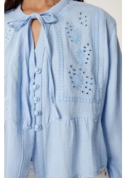 Lovelyİstanbul Musseline Blouse with Scalloped Tie Detail Sky Blue Lfh0002