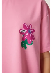 Happiness İstanbul Women's Pink Flower Printed Oversize Knitted T-Shirt Zv00282