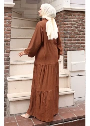 sefamerve Half Button Sleeve Elastic Dress 2074-01 Tan