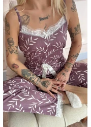 Pijamaevi Purple Olive Branch Lace Rope Strap Knitted Women's Pajama Set